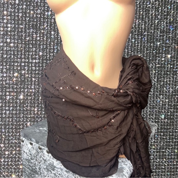 Beach coverup dress skirt scarf brown sequins sparkly fringe boho vintage y2k - Picture 3 of 5